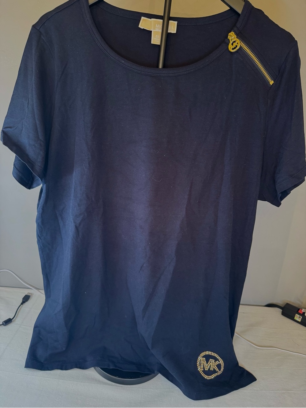 Michael Kors Navy Short Sleeve Tee with Gold Logo and Zipper